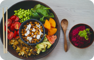 Healthy meal bowl representing proper nutrition for Myasthenia Gravis