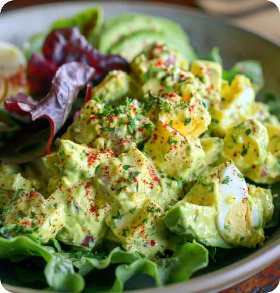 Bowl of Myasthenia Gravis-friendly avocado egg salad with fresh greens